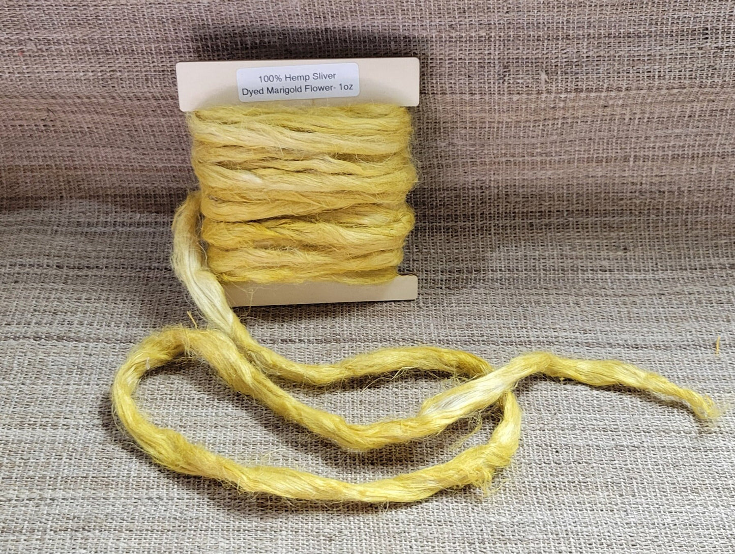 Hemp 1 oz Marigold Silver Fiber Dyed Yellow. Great for Spinning, Knitting, Weaving, Crafts, ect.