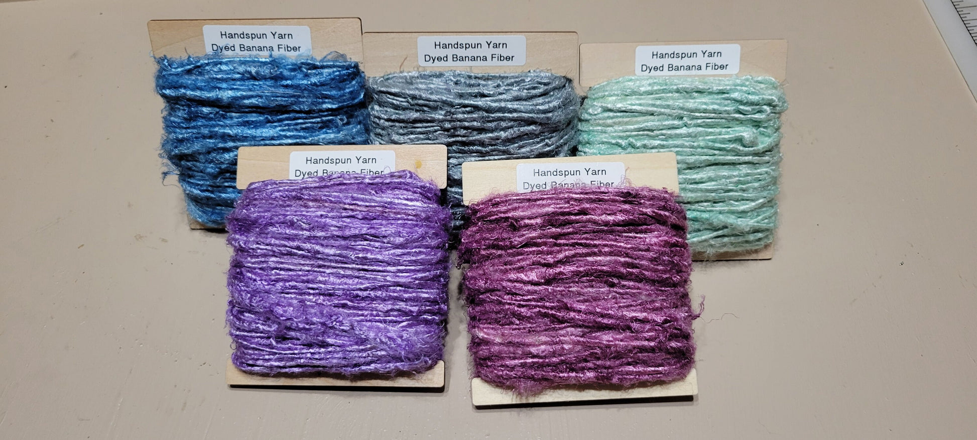 Banana. Reclaimed Yarn. Hand-Spun Fibers Upcycled. Rose, Lilac, Oyster, Blue and Mint.