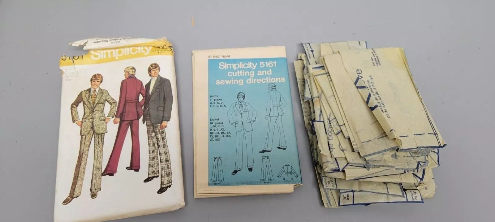 Set 3 Simplicity Printed Patterns CUT c 1970s Men Shirts Suits Pants Cuffs