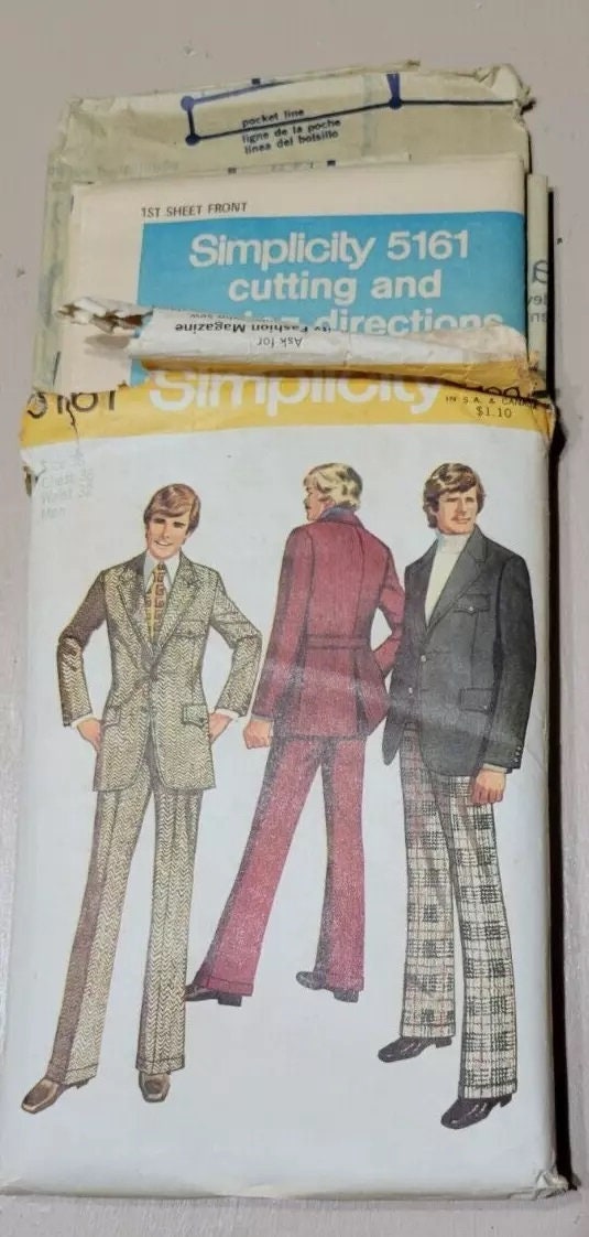 Set 3 Simplicity Printed Patterns CUT c 1970s Men Shirts Suits Pants Cuffs