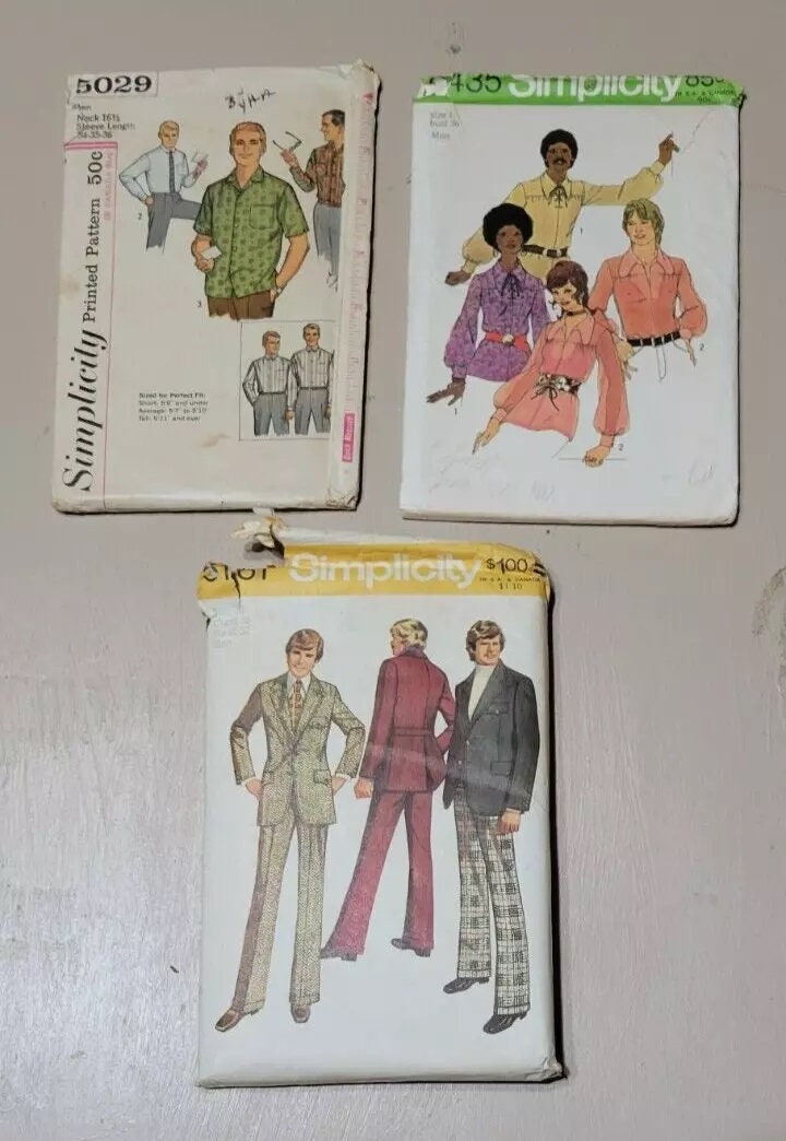 Set 3 Simplicity Printed Patterns CUT c 1970s Men Shirts Suits Pants Cuffs