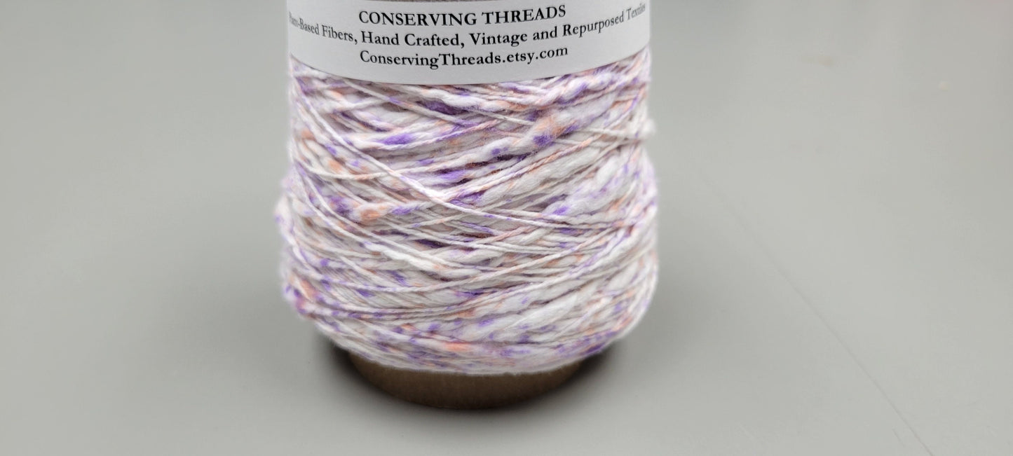 Cotton Yarn Splatter Purple, Pink, White, Hand Spun, 2 Ply Fingering Weight on Cone. Great for Knitting, Crochet, Weaving, Big Stitching