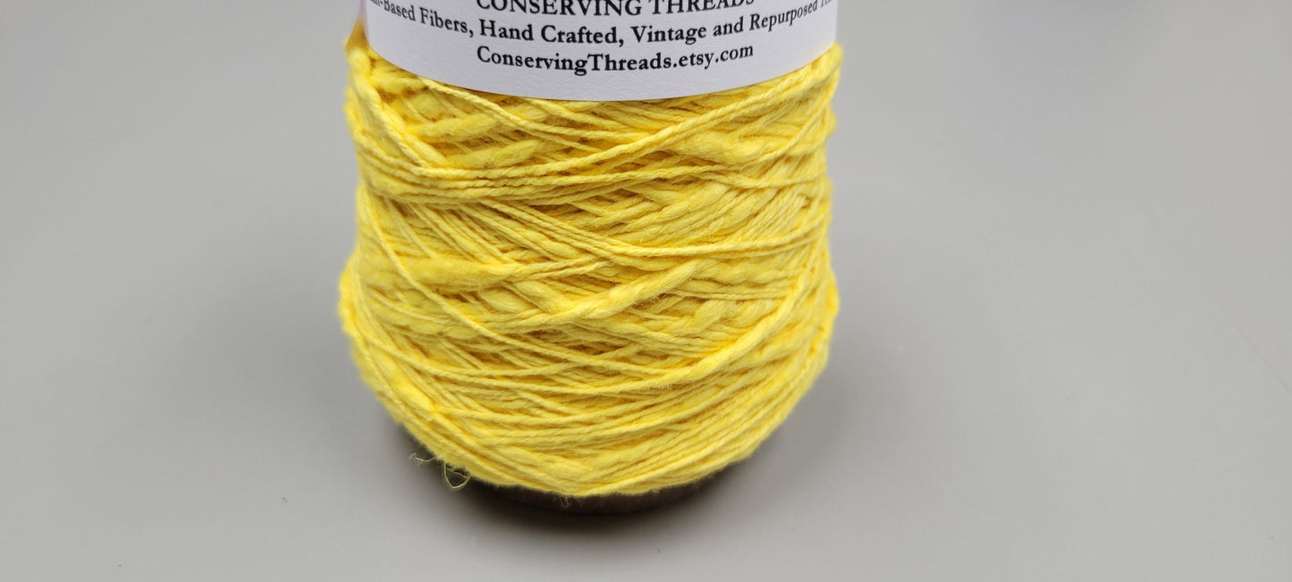 Cotton Yarn Yellow, Hand Spun, 2 Ply Fingering Weight on Cone. Great for Knitting, Crochet, Weaving, Big Stitching