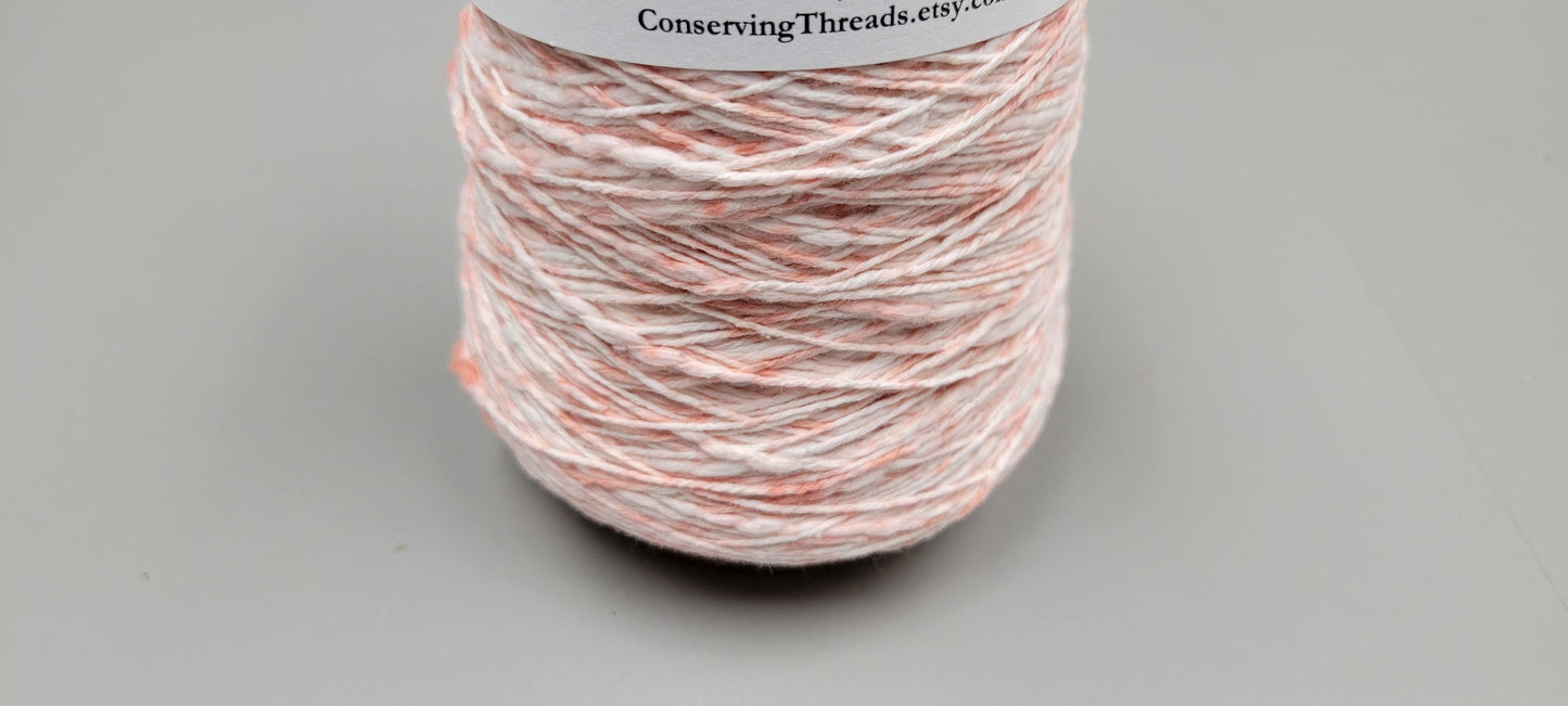 Cotton Yarn Splatter Light Red and White, Hand Spun, 2 Ply Fingering Weight on Cone. Great for Knitting, Crochet, Weaving, Big Stitching