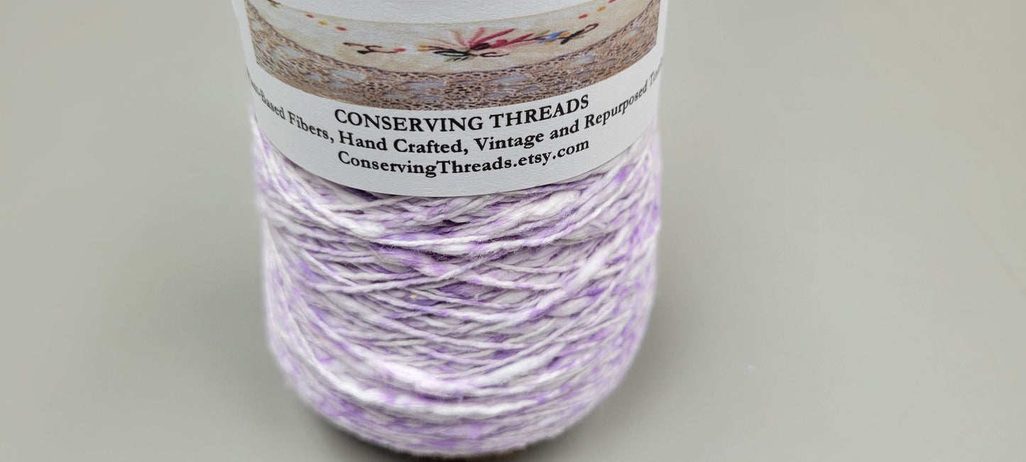 Cotton Yarn Splatter Purple and White, Hand Spun, 2 Ply Fingering Weight on Cone. Great for Knitting, Crochet, Weaving, Big Stitching