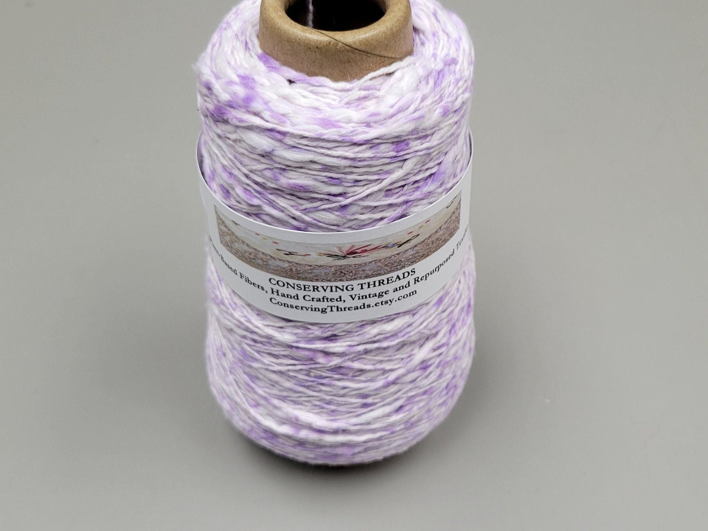 Cotton Yarn Splatter Purple and White, Hand Spun, 2 Ply Fingering Weight on Cone. Great for Knitting, Crochet, Weaving, Big Stitching