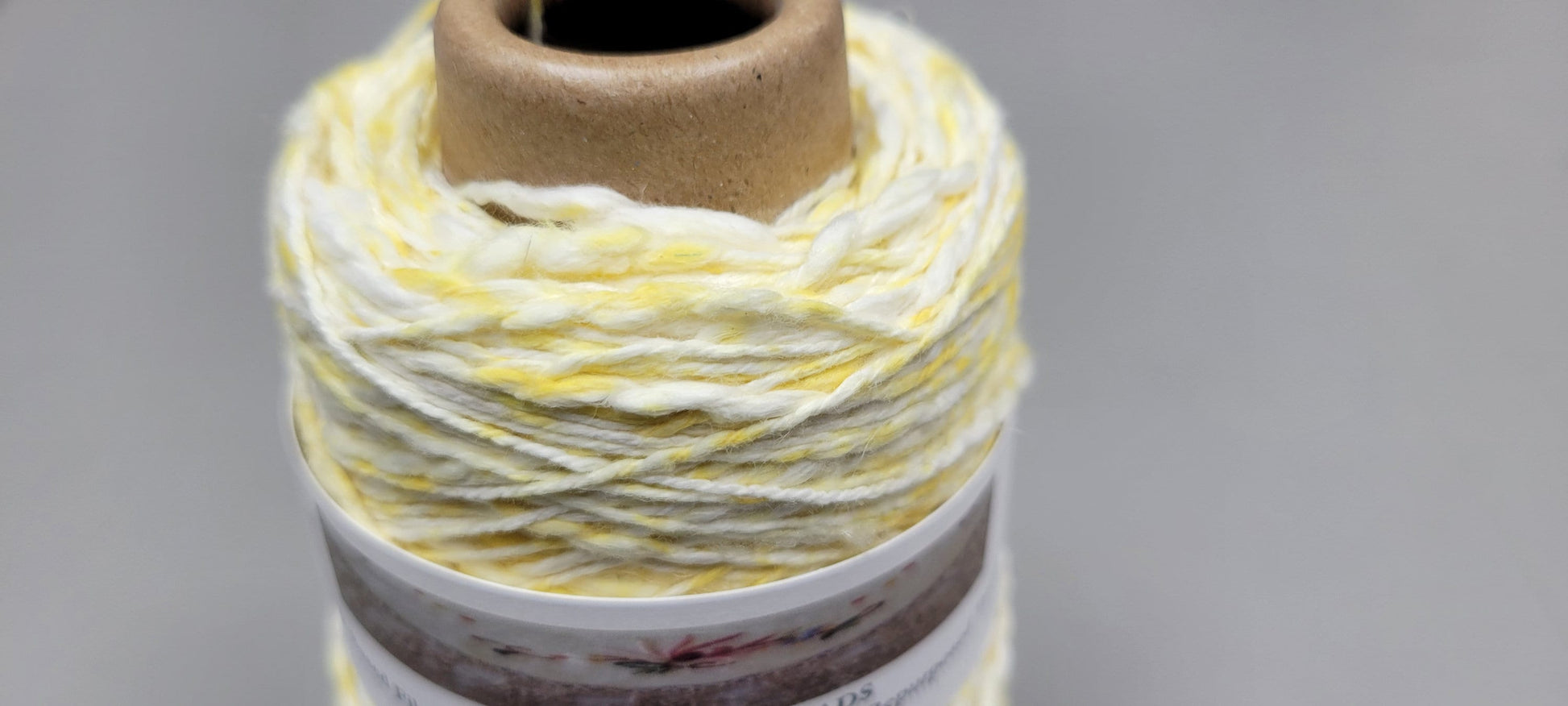 Cotton Yarn Splatter Yellow and White, Hand Spun, 2 Ply Fingering Weight on Cone. Great for Knitting, Crochet, Weaving, Big Stitching