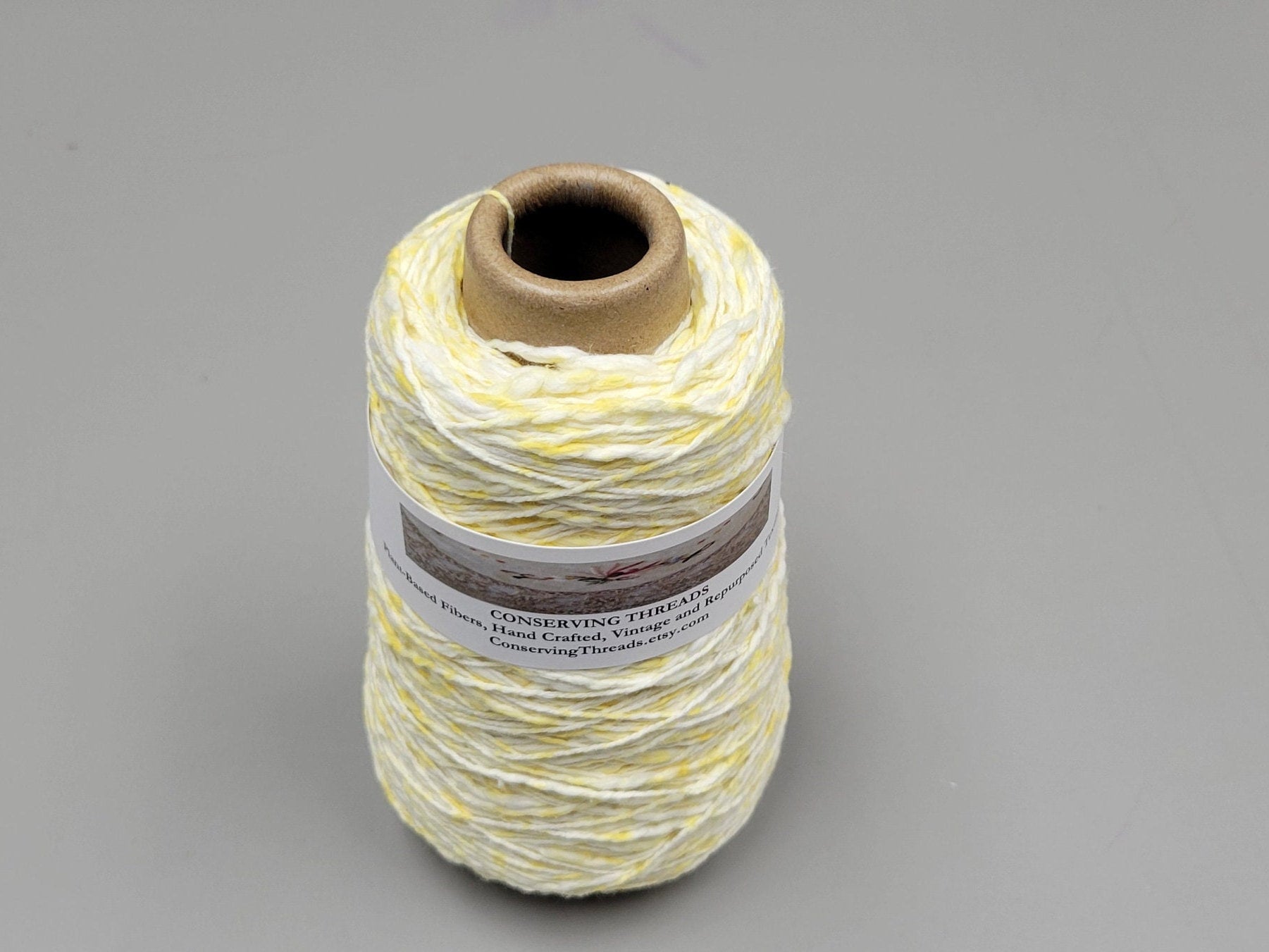 Cotton Yarn Splatter Yellow and White, Hand Spun, 2 Ply Fingering Weight on Cone. Great for Knitting, Crochet, Weaving, Big Stitching