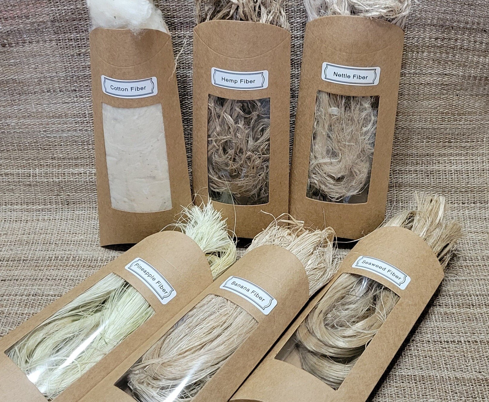 Cellulose Fiber Sample Set - Cotton, Hemp, Nettle, Pineapple, Banana, Seaweed - 0.5 oz each