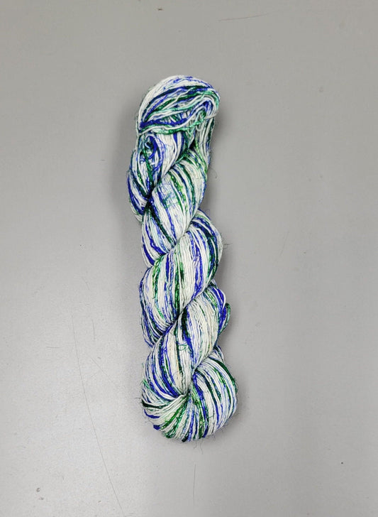 Pasting Yarn - Cotton Yarn Painted Using Silk Saree Waste. 1 Ply. 100 gram. Blue / Green.