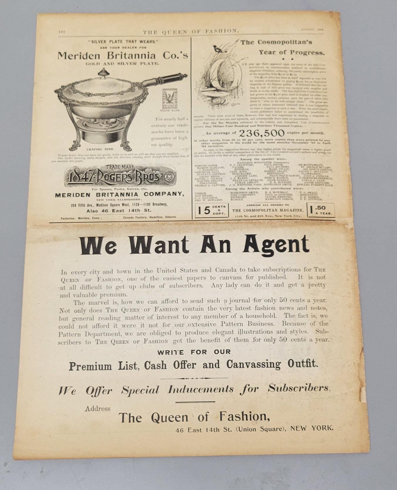 1894 Original The Queen of Fashion Paper August. The McCalls Co. The Best Ladies' Fashion Journal Catalog, Mail Order, Vol 21 No 12.