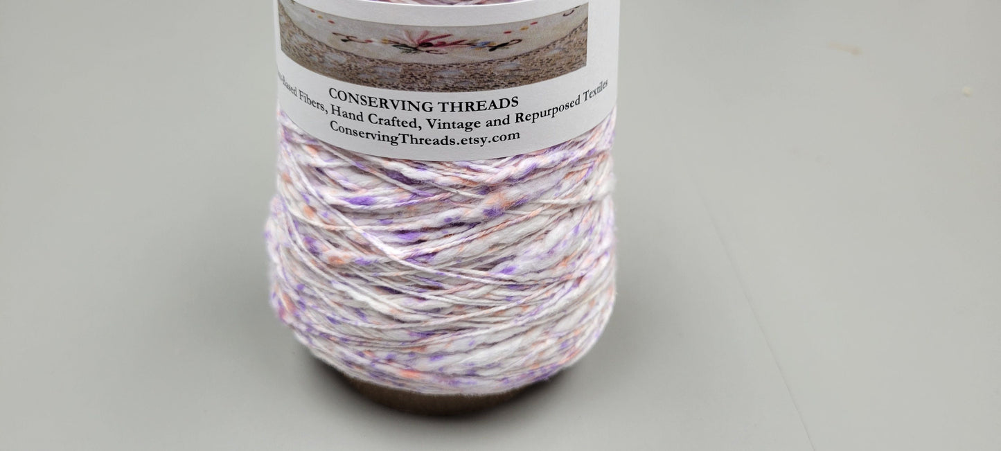 Cotton Yarn Splatter Purple, Pink, White, Hand Spun, 2 Ply Fingering Weight on Cone. Great for Knitting, Crochet, Weaving, Big Stitching