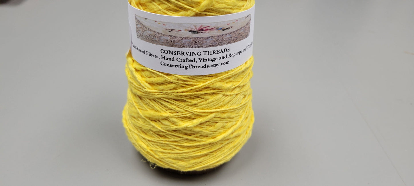 Cotton Yarn Yellow, Hand Spun, 2 Ply Fingering Weight on Cone. Great for Knitting, Crochet, Weaving, Big Stitching