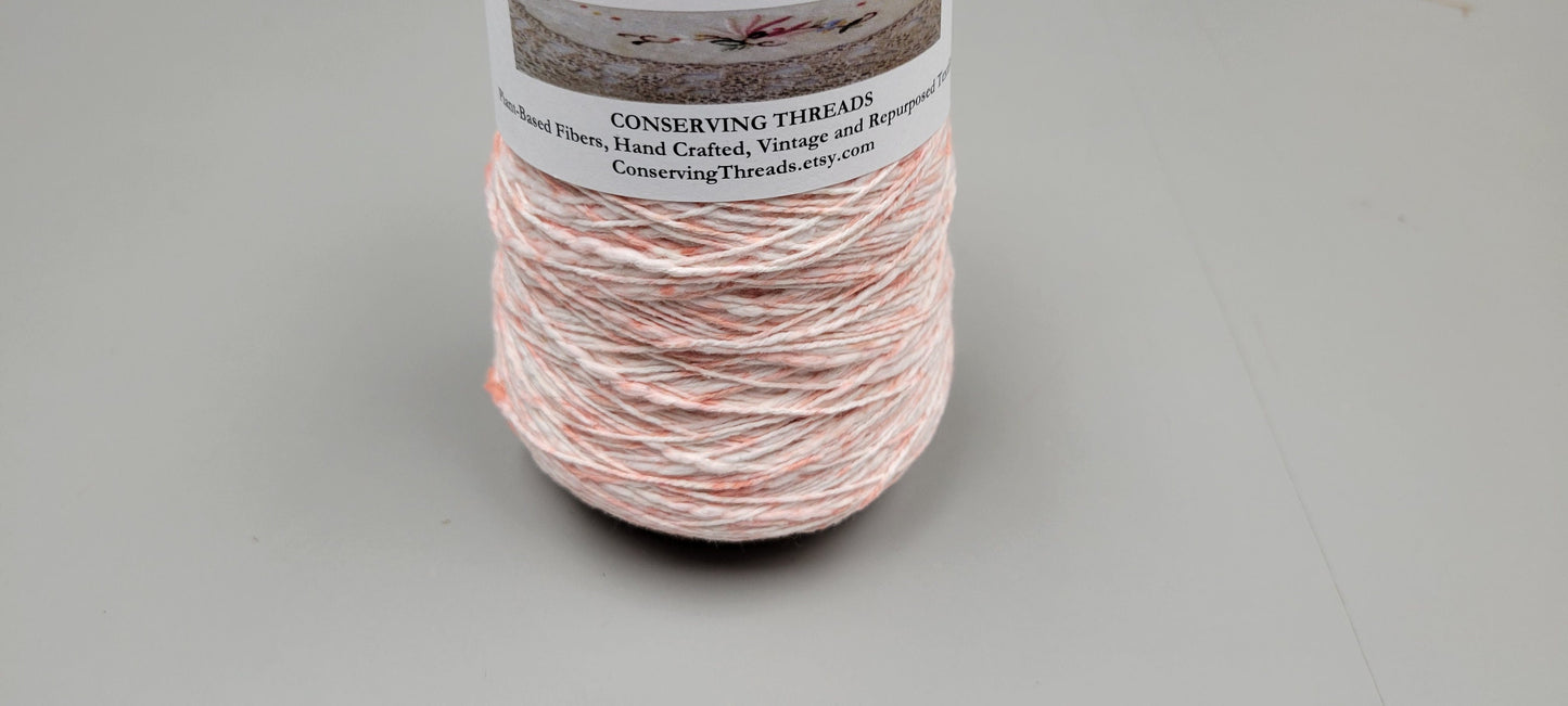 Cotton Yarn Splatter Light Red and White, Hand Spun, 2 Ply Fingering Weight on Cone. Great for Knitting, Crochet, Weaving, Big Stitching