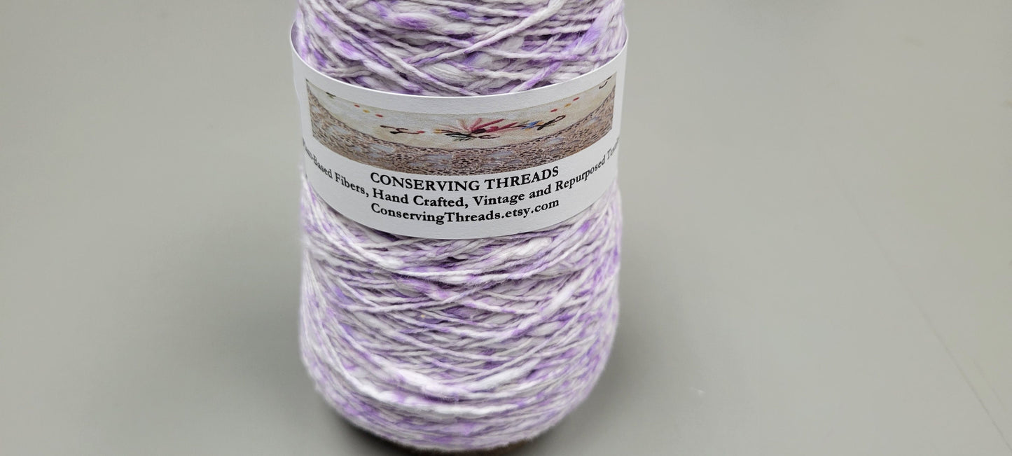 Cotton Yarn Splatter Purple and White, Hand Spun, 2 Ply Fingering Weight on Cone. Great for Knitting, Crochet, Weaving, Big Stitching