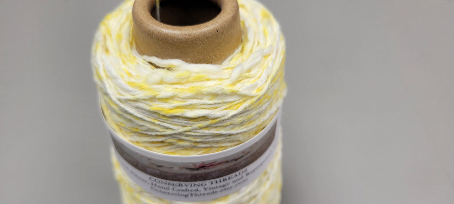 Cotton Yarn Splatter Yellow and White, Hand Spun, 2 Ply Fingering Weight on Cone. Great for Knitting, Crochet, Weaving, Big Stitching