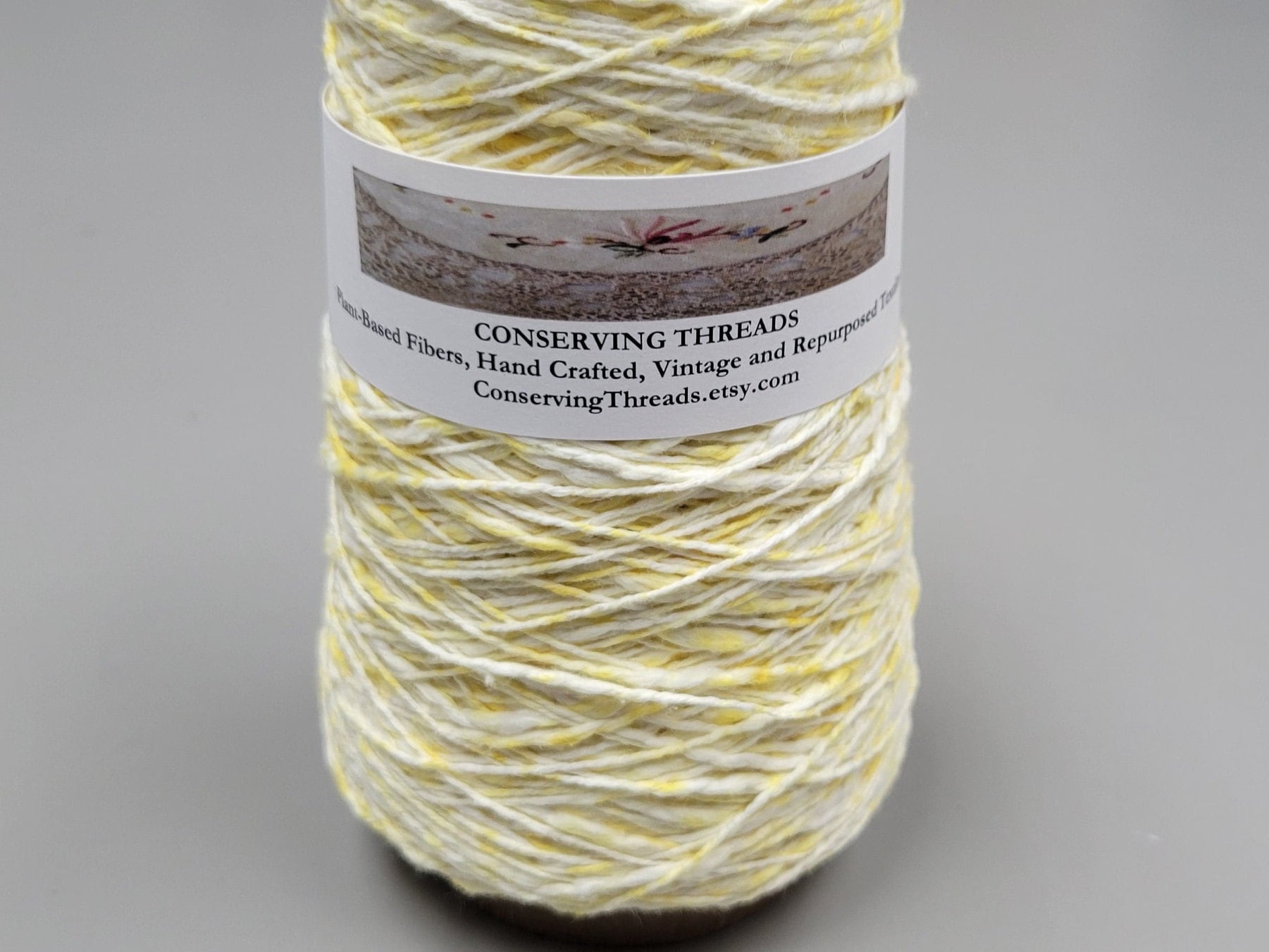 Cotton Yarn Splatter Yellow and White, Hand Spun, 2 Ply Fingering Weight on Cone. Great for Knitting, Crochet, Weaving, Big Stitching