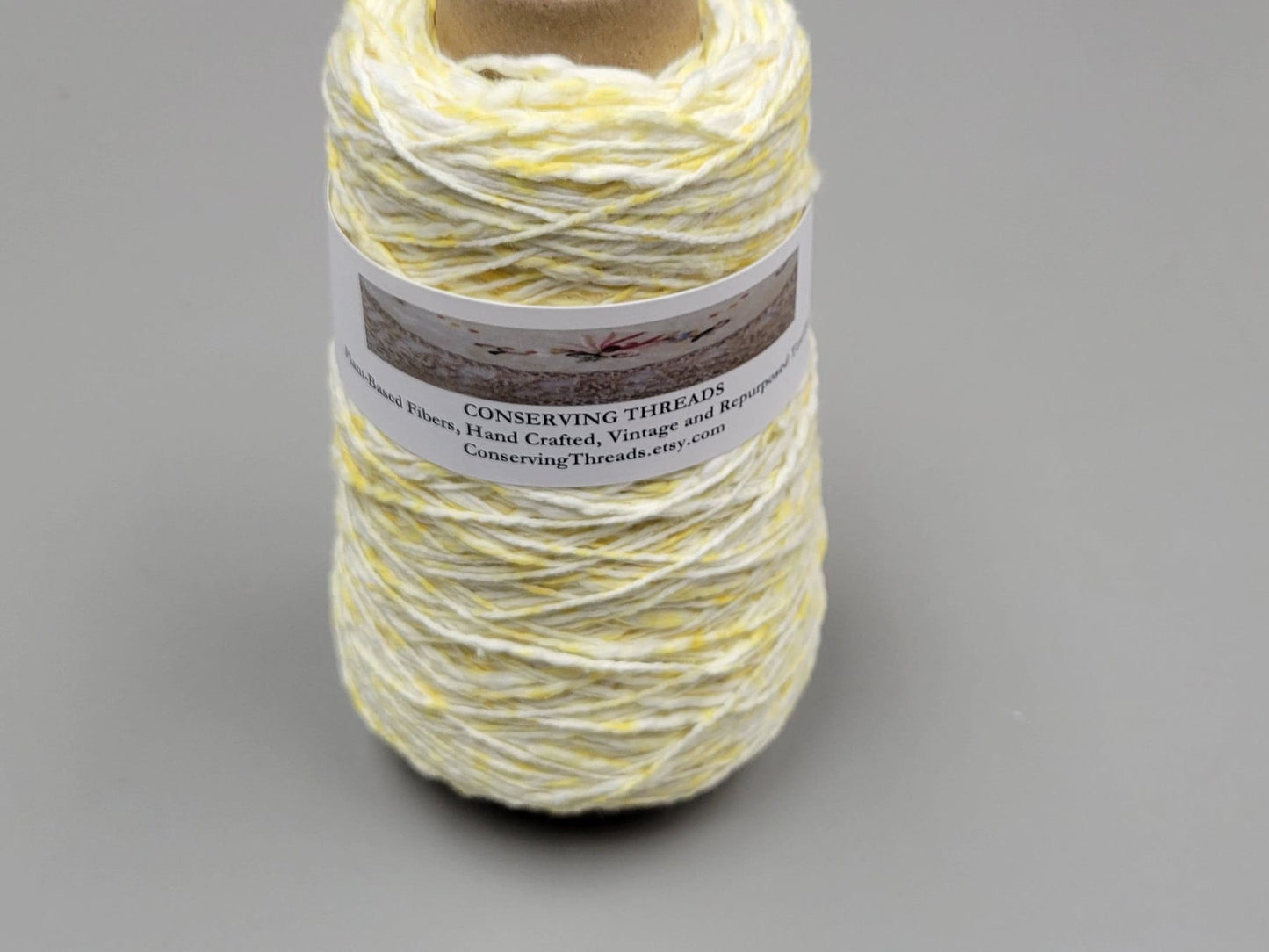 Cotton Yarn Splatter Yellow and White, Hand Spun, 2 Ply Fingering Weight on Cone. Great for Knitting, Crochet, Weaving, Big Stitching