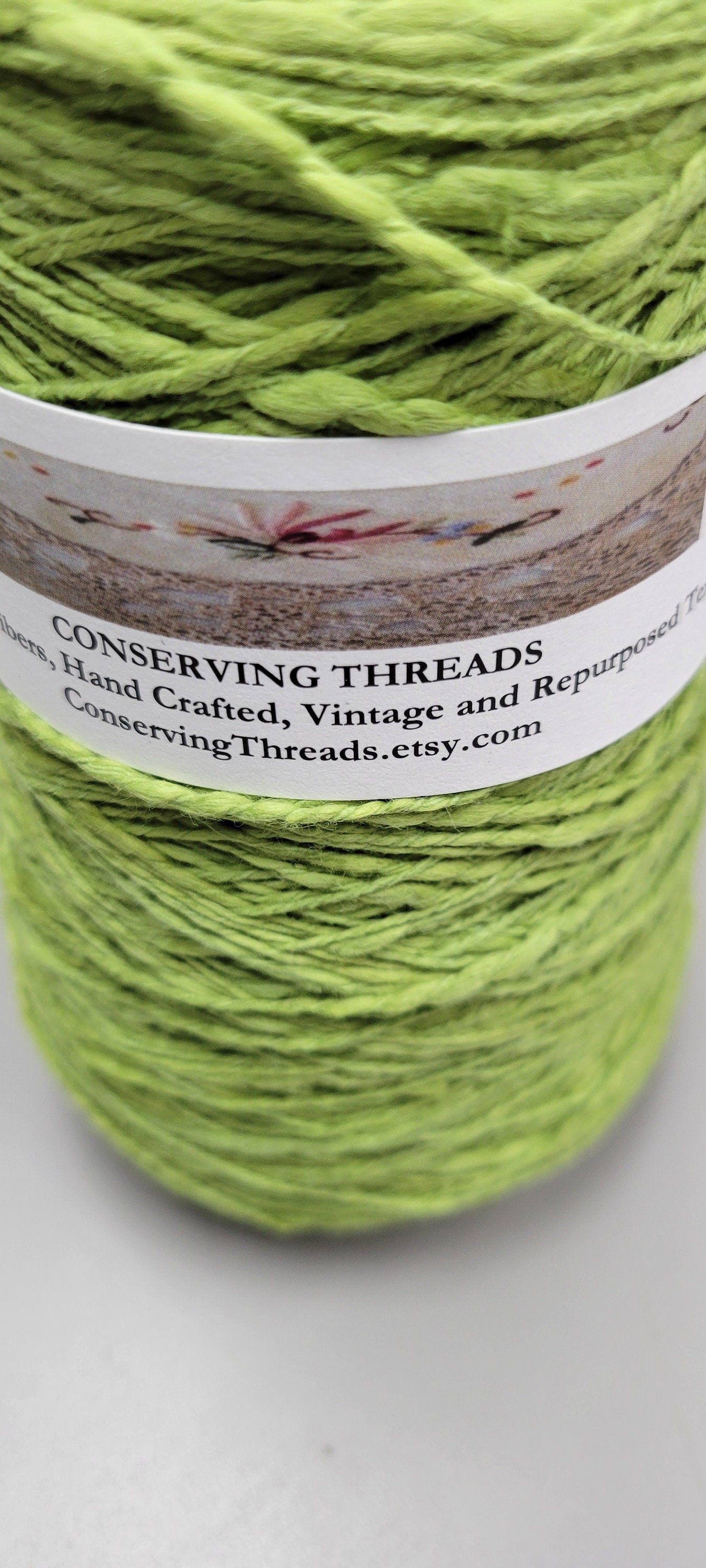 Cotton Yarn Green, Hand Spun, 2 Ply Fingering Weight on Cone. Great for Knitting, Crochet, Weaving, Big Stitching