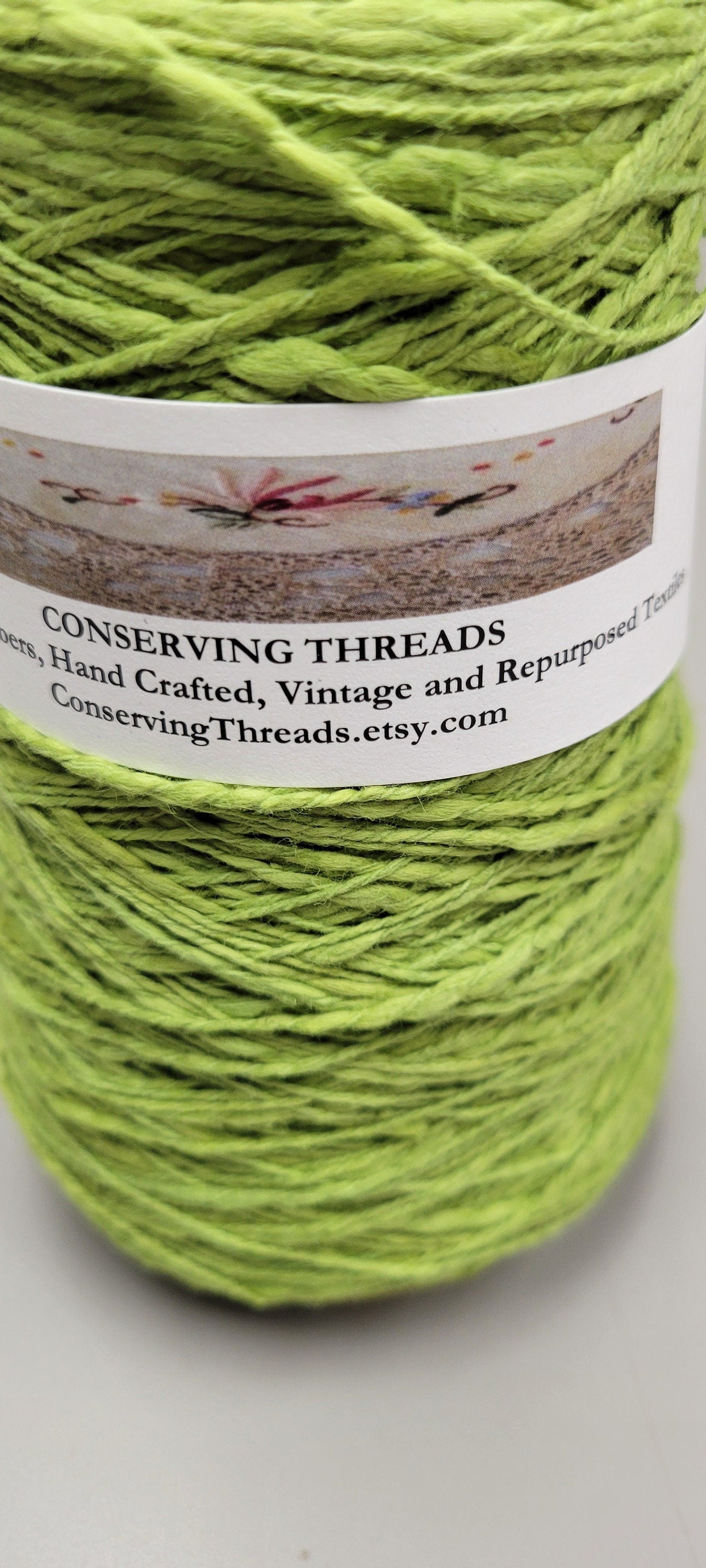 Cotton Yarn Green, Hand Spun, 2 Ply Fingering Weight on Cone. Great for Knitting, Crochet, Weaving, Big Stitching