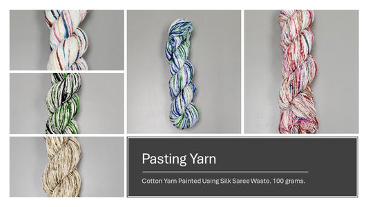 Pasting Yarn - 300 Yards. Cotton Yarn Painted Using Silk Saree Waste.