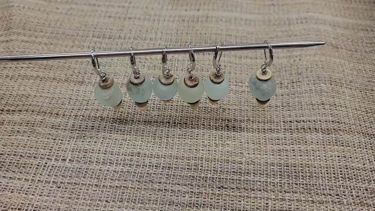 Recycled Glass Stitch Markers. Set of 6. Pink Glass Beads from Recycled Soda Bottles. Coconut wood spacer. Metal hook.