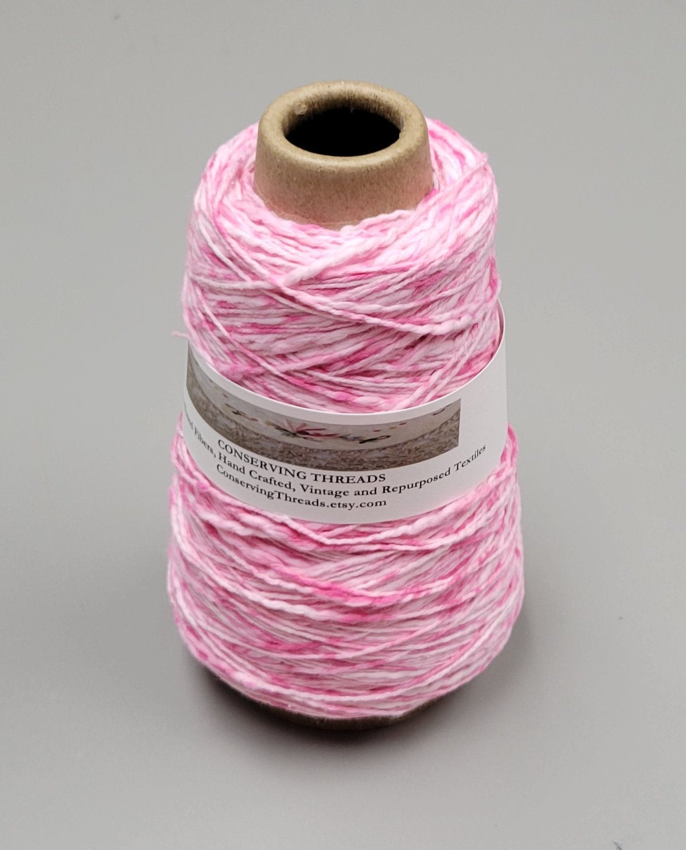 Cotton Yarn Splatter Pink & White, Hand Spun, 2 Ply Fingering Weight on Cone.