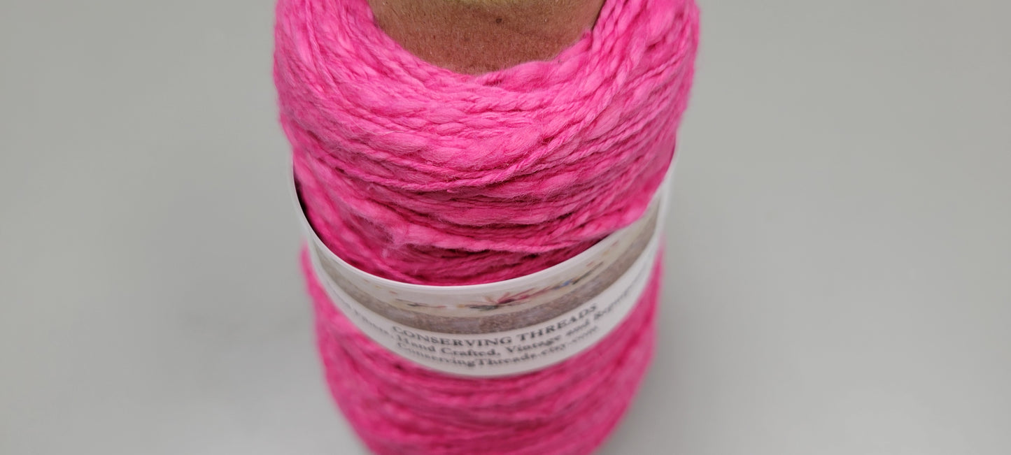 Cotton Yarn Bright Pink, Hand Spun, 2 Ply Fingering Weight on Cone. 300 Yards.