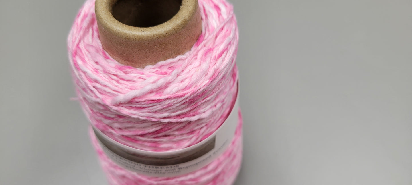 Cotton Yarn Splatter Pink & White, Hand Spun, 2 Ply Fingering Weight on Cone.