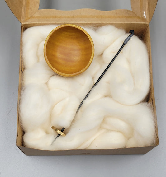 Spin Cotton Fiber Kit. Natural Upland Cotton Sliver. Hand-Painted Wood Support Bowl and Brass Thakli Spindle.