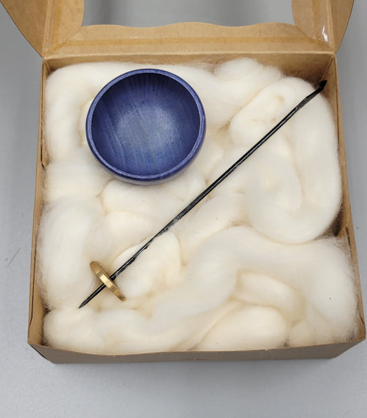 Spin Cotton Fiber Kit. Choose Natural Upland Cotton Sliver. Hand-Painted Wood Support Bowl and Brass Thakli Spindle.