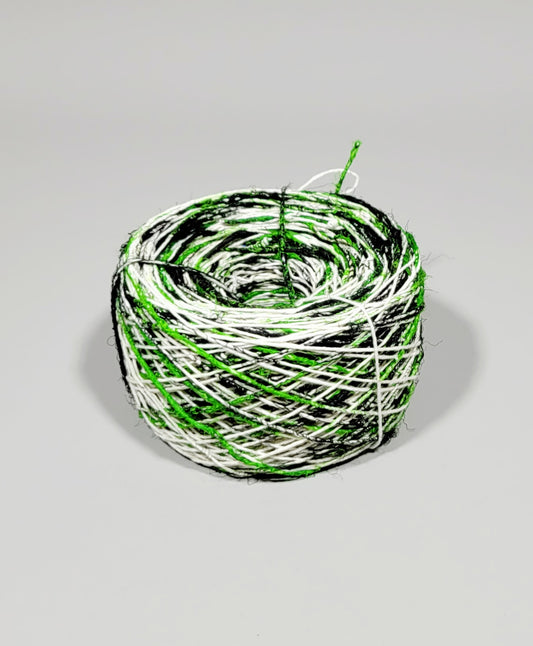 Pasting Yarn - 300 Yards. Green / Black Cotton Yarn Painted Using Silk Saree Waste.