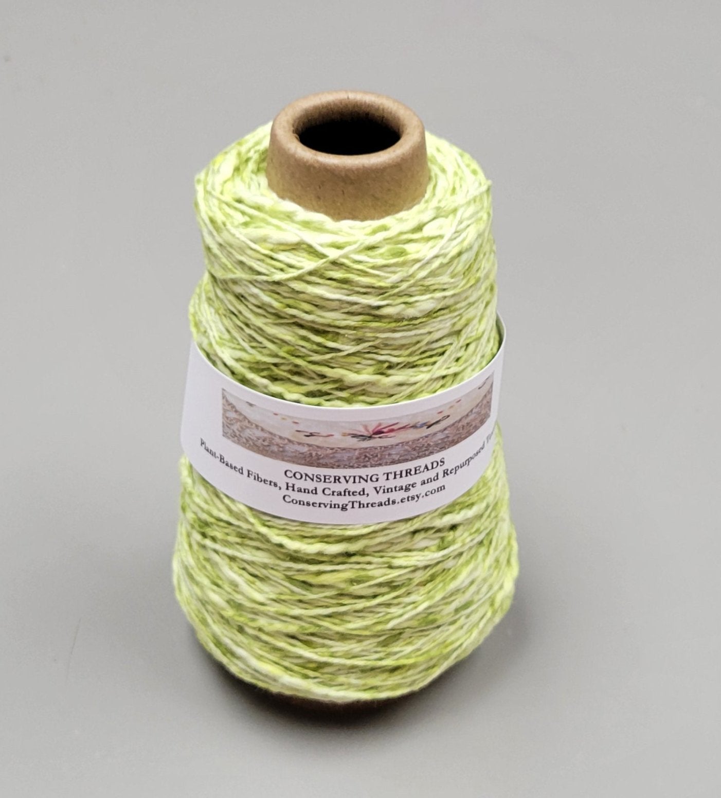 Cotton Yarn Splatter Green & White, Hand Spun, 2 Ply Fingering Weight on Cone.