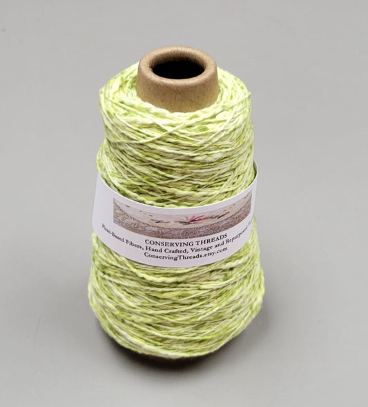 Cotton Yarn Splatter Green & White, Hand Spun, 2 Ply Fingering Weight on Cone.