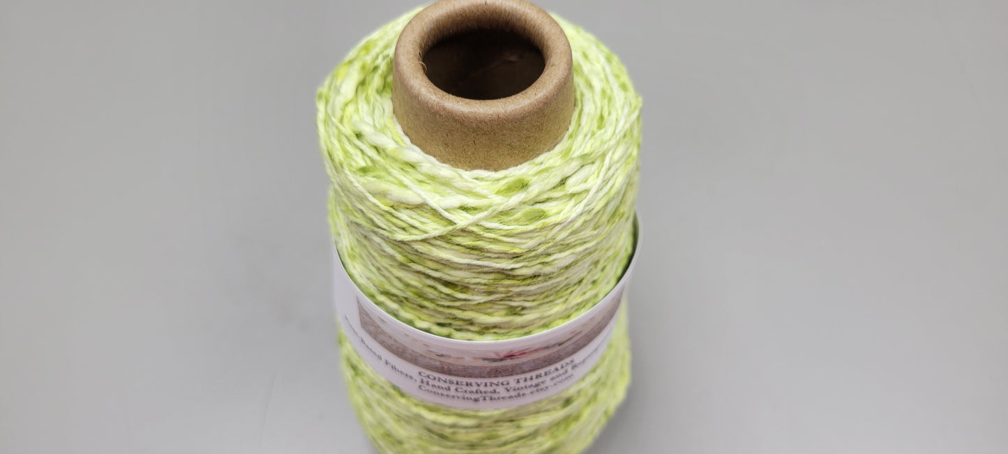 Cotton Yarn Splatter Green & White, Hand Spun, 2 Ply Fingering Weight on Cone.