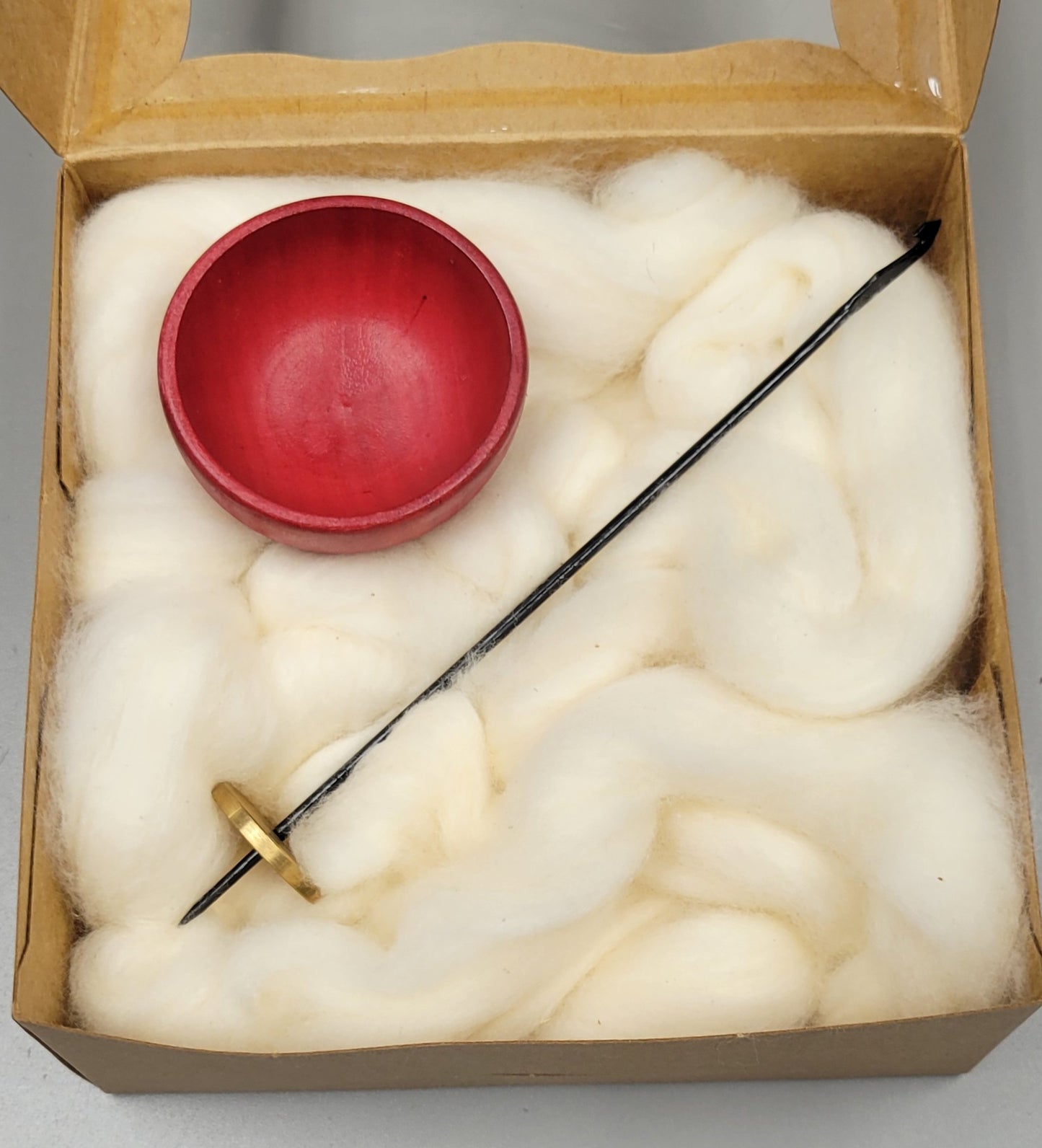 Spin Cotton Fiber Kit. Choose Natural Upland Cotton Sliver. Hand-Painted Wood Support Bowl and Brass Thakli Spindle.