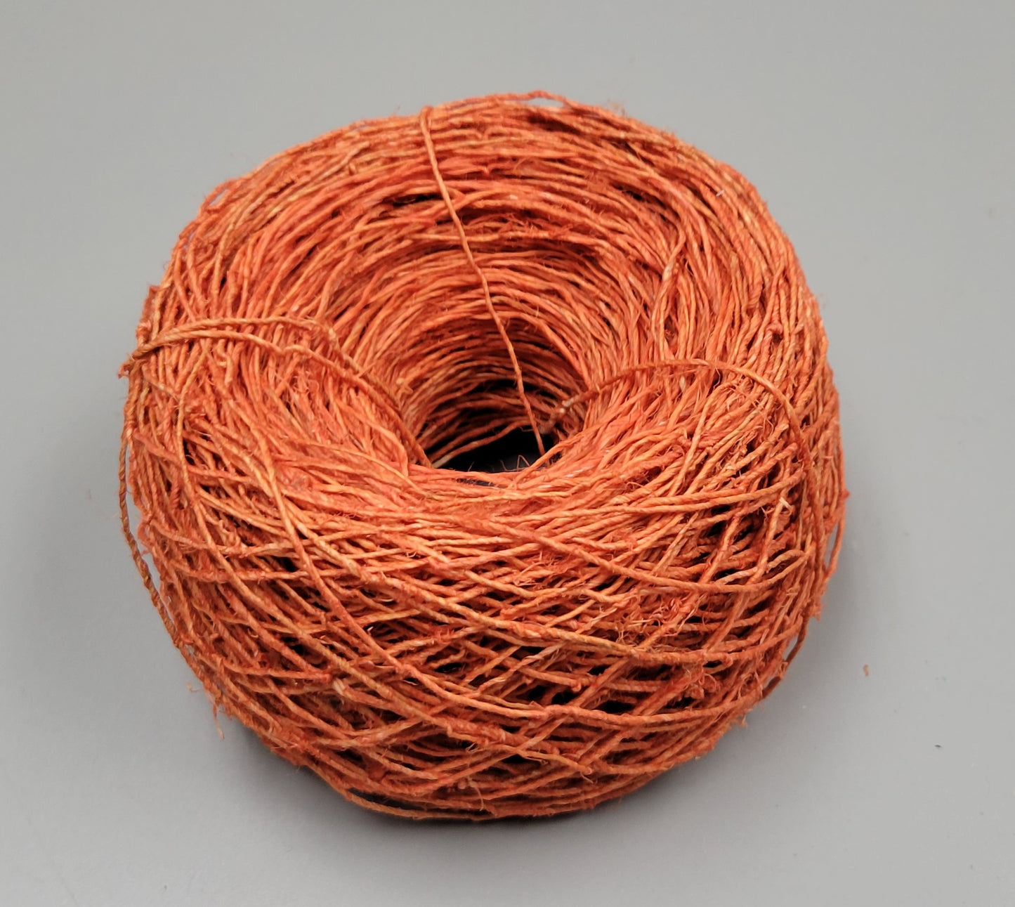 Hemp Yarn, 200 Yards. Hand-Spun Skein, Orange Dyed.