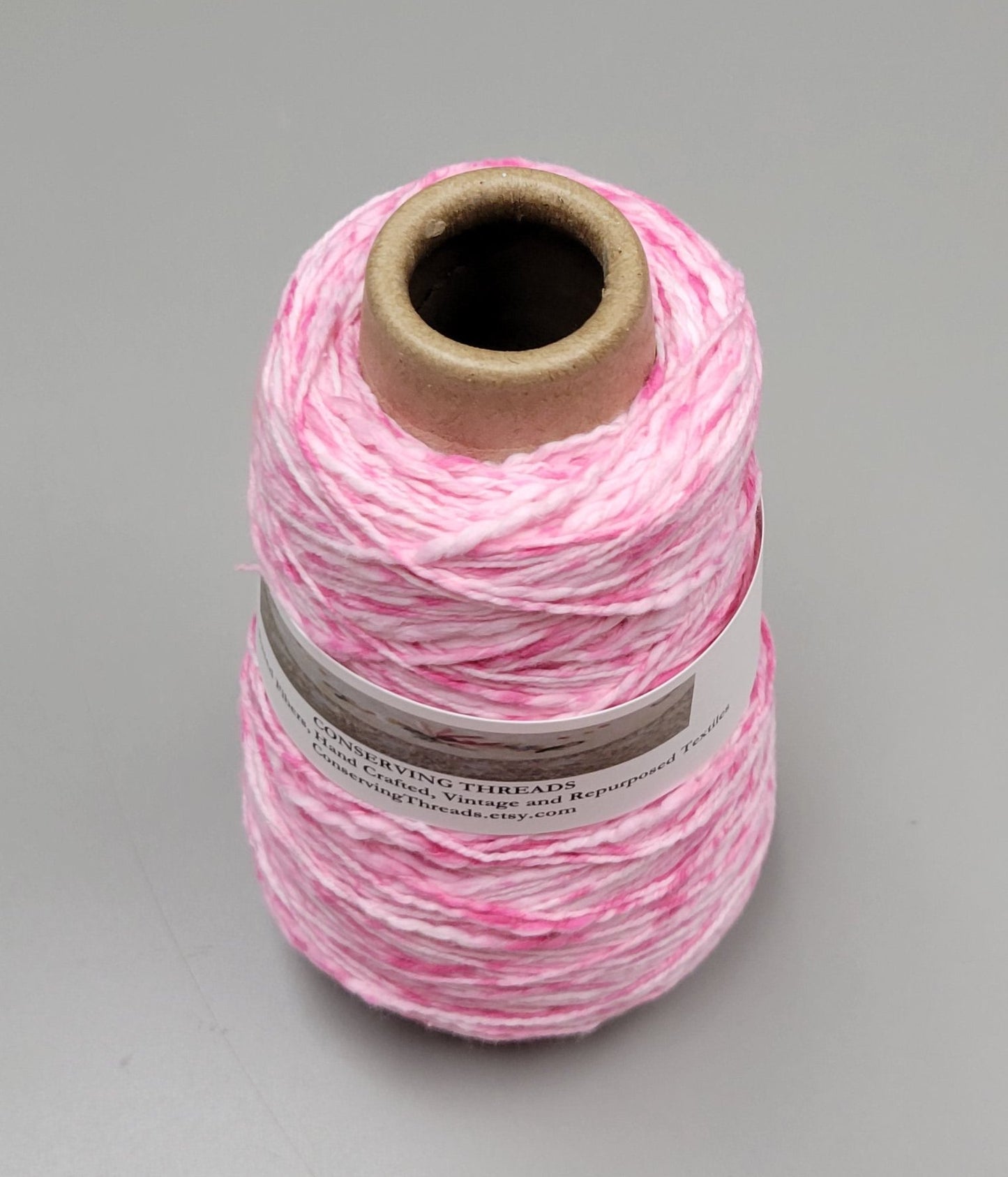 Cotton Yarn Splatter Pink & White, Hand Spun, 2 Ply Fingering Weight on Cone.