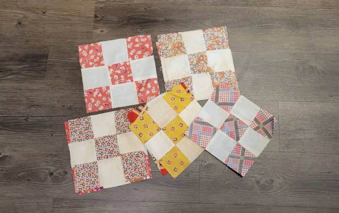 Quilt Squares (Set of 14) Vintage 8" Four Patch Quilt Blocks, Unfinished Project. 1910s - 1930s.