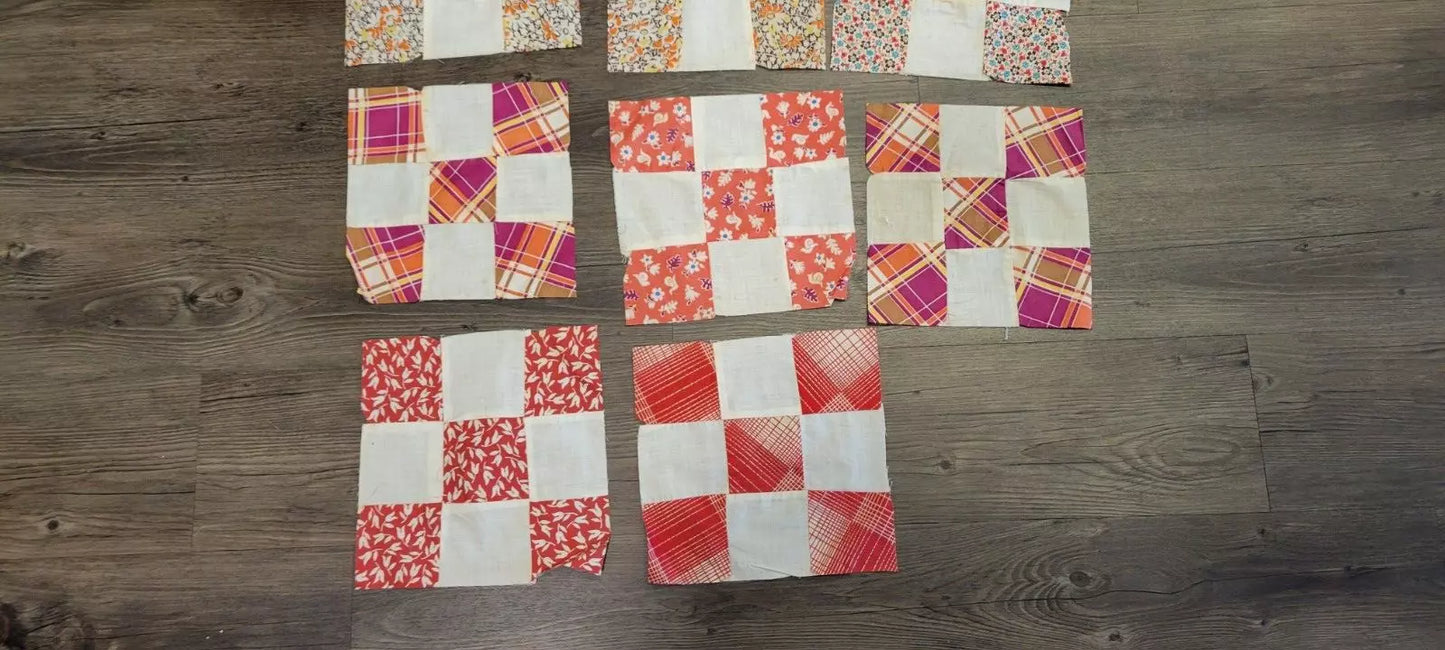 Quilt Squares (Set of 14) Vintage 8" Four Patch Quilt Blocks, Unfinished Project. 1910s - 1930s.