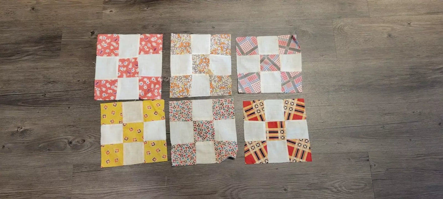 Quilt Squares (Set of 14) Vintage 8" Four Patch Quilt Blocks, Unfinished Project. 1910s - 1930s.