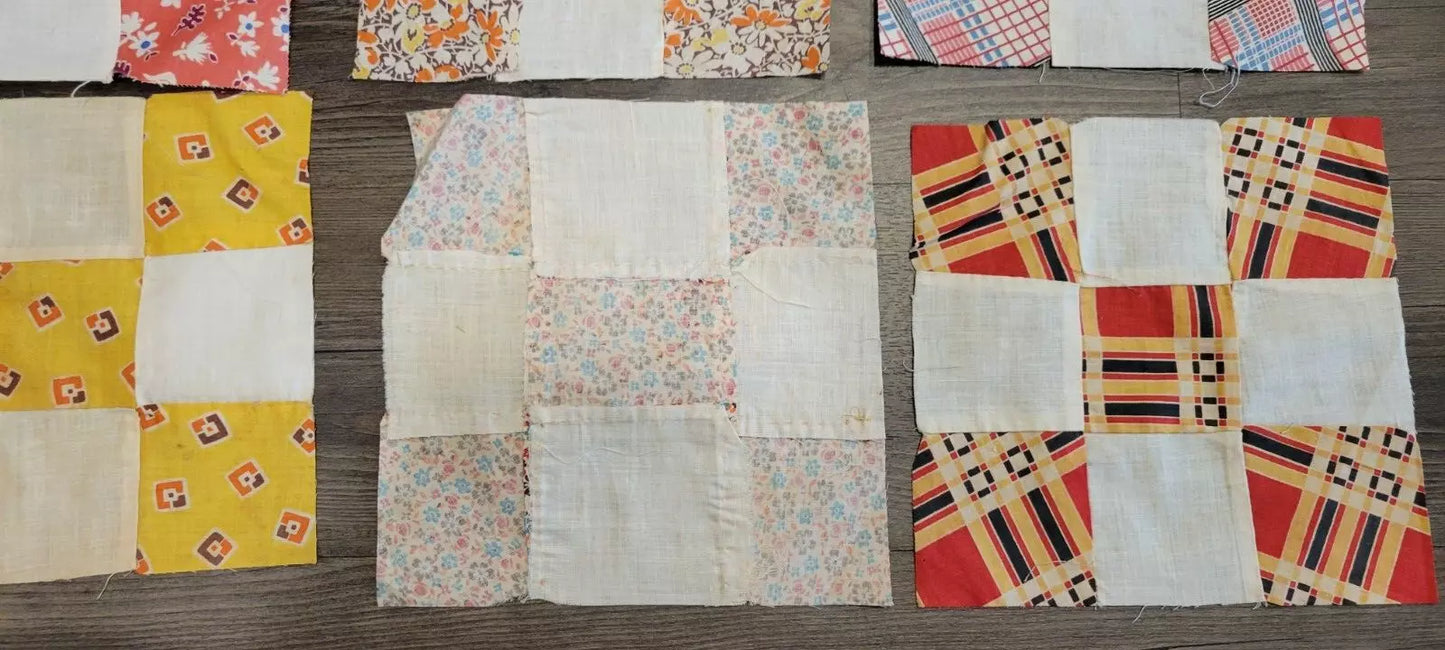 Quilt Squares (Set of 14) Vintage 8" Four Patch Quilt Blocks, Unfinished Project. 1910s - 1930s.