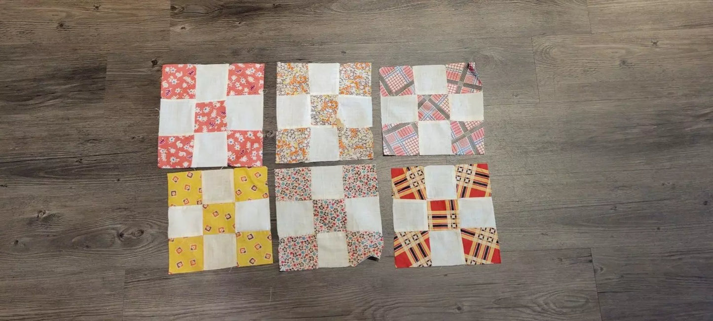 Quilt Squares (Set of 14) Vintage 8" Four Patch Quilt Blocks, Unfinished Project. 1910s - 1930s.